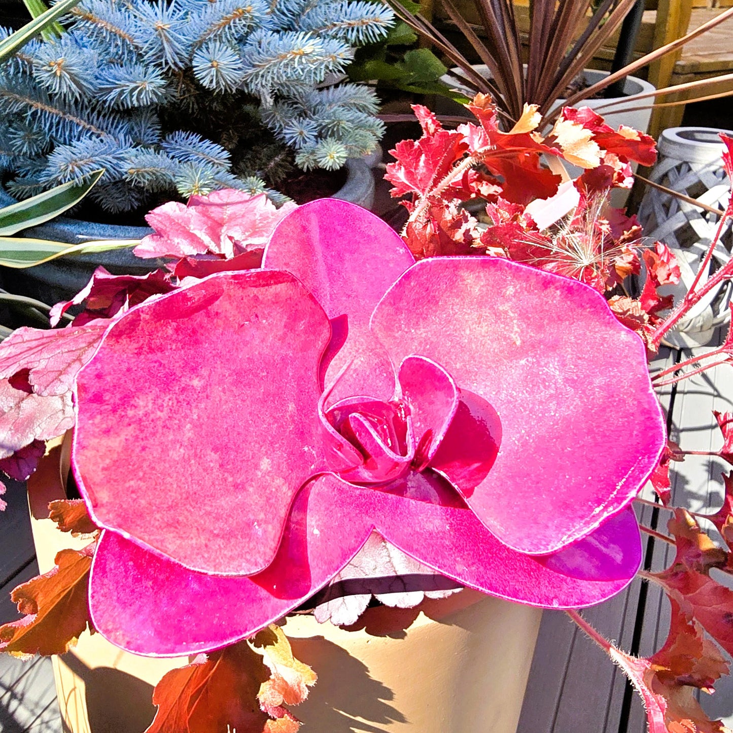 Vibrant Fuchsia Metal Orchid: Handcrafted Steel Flower, Garden Remembrance