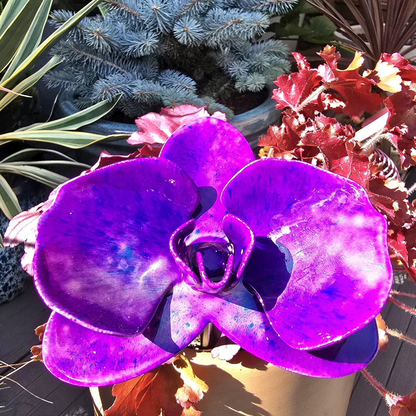 Intense Indigo Metal Orchid: Handcrafted Steel Flower, Garden Remembrance