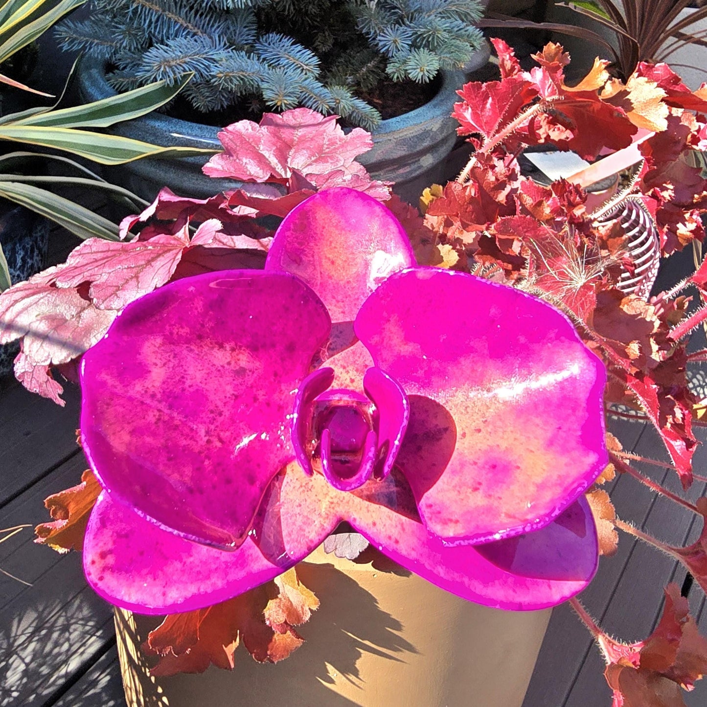 Coral Magenta Metal Orchid: Handcrafted Steel Garden Flower