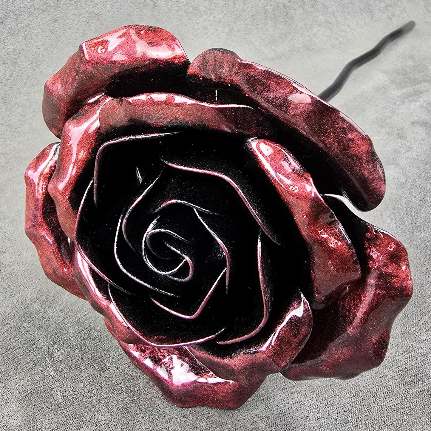 Handcrafted Shadow Merlow Steel Rose: Metal Garden Remembrance Flower