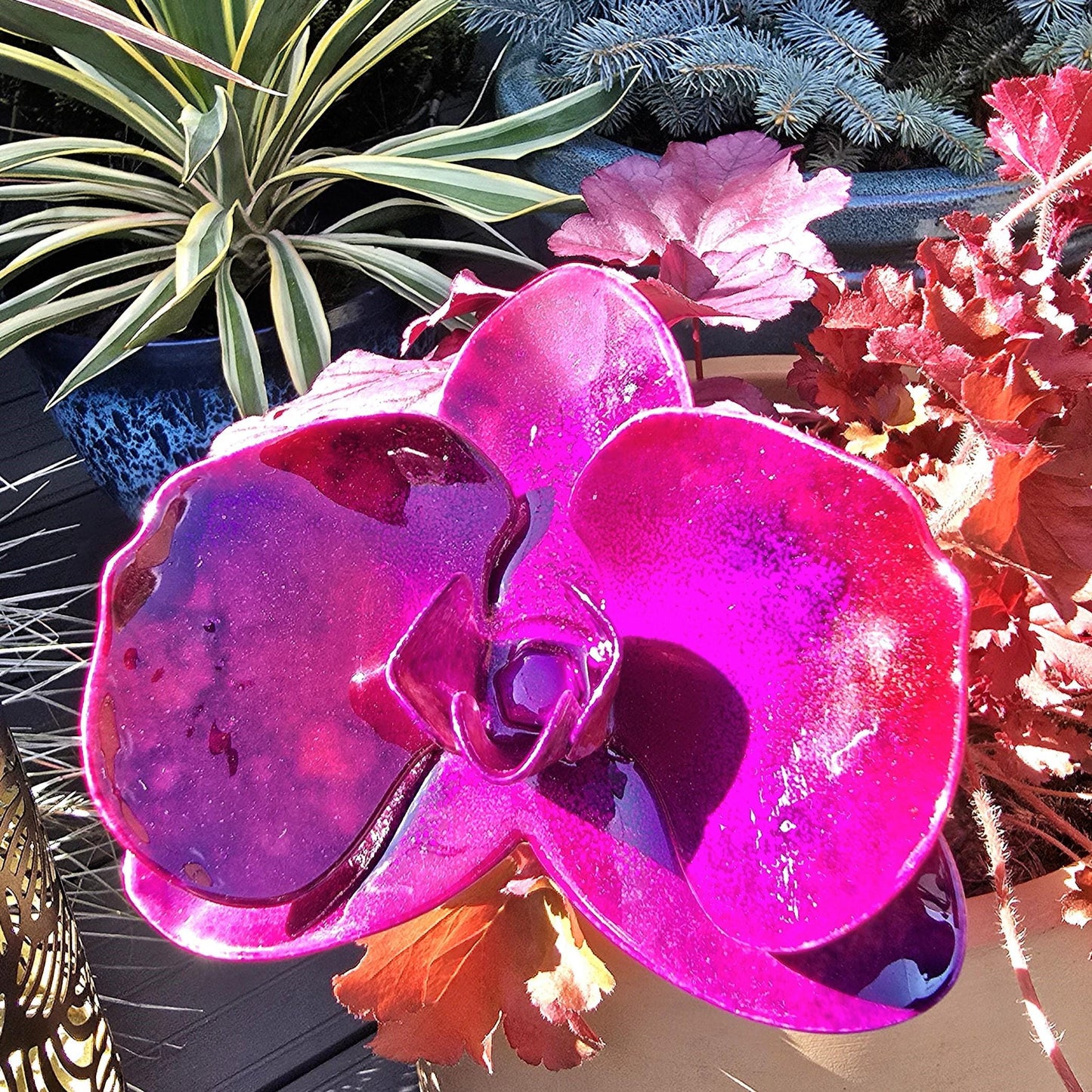 Metal Steel Orchid Flower: Handcrafted Garden Remembrance - Plum Fusion