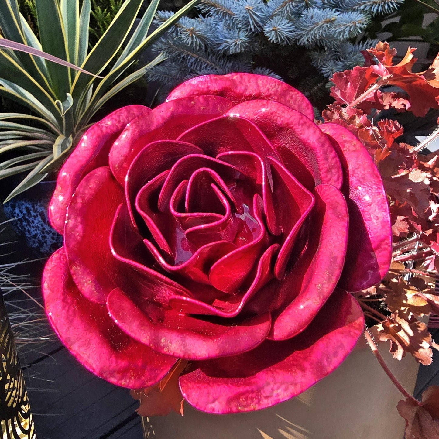 Handcrafted Hot Pink Steel Rose: Indoor Outdoor Garden Decor
