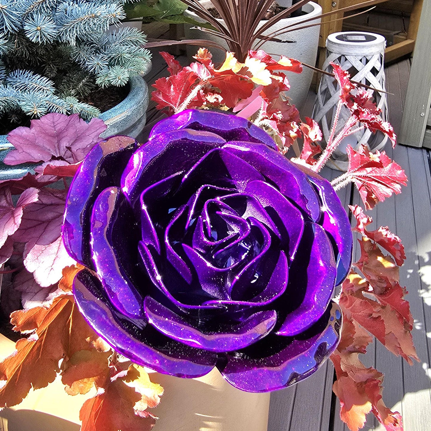 Deep Purple Metal Rose: Handcrafted Steel Flower, Garden Remembrance