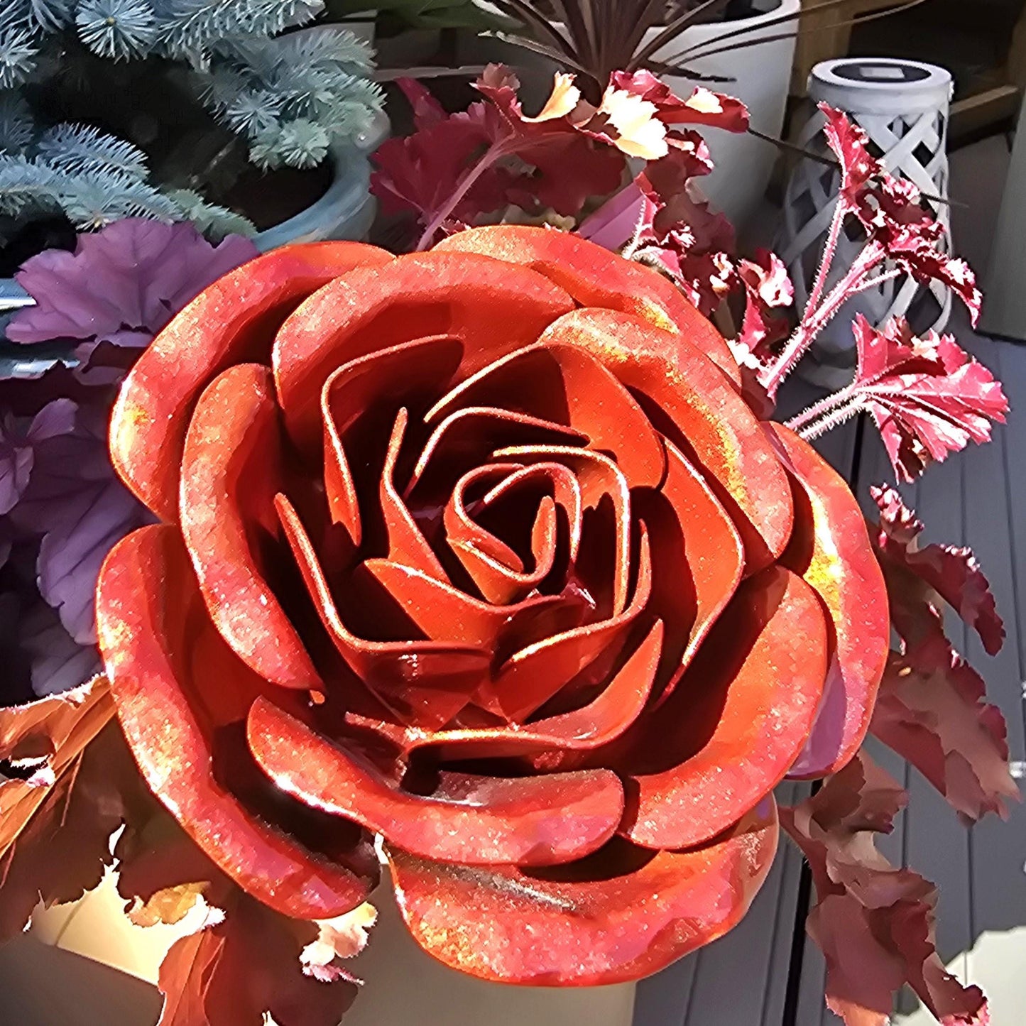 Inferno Orange Metal Rose: Handcrafted Steel Flower, Garden Remembrance
