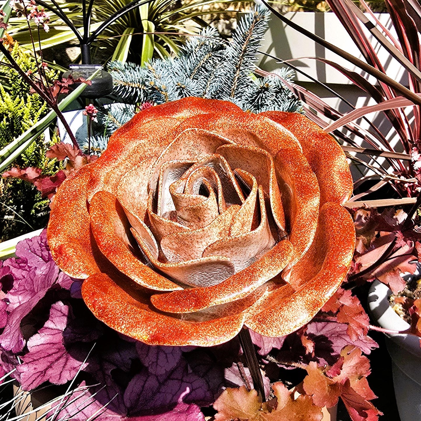 Handcrafted Metal Steel Rose: Spectral Orange Garden Remembrance