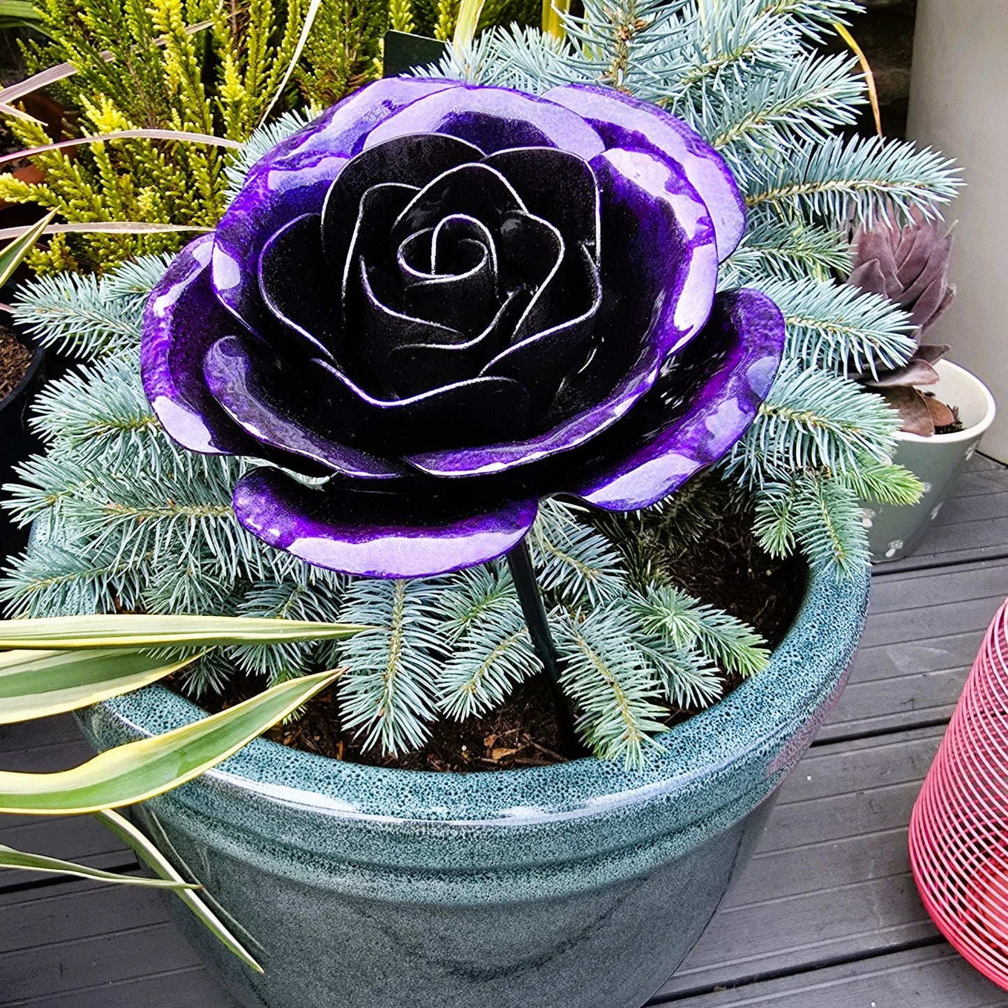 Handcrafted Shadow Purple Steel Rose: Metal Garden Remembrance Flower