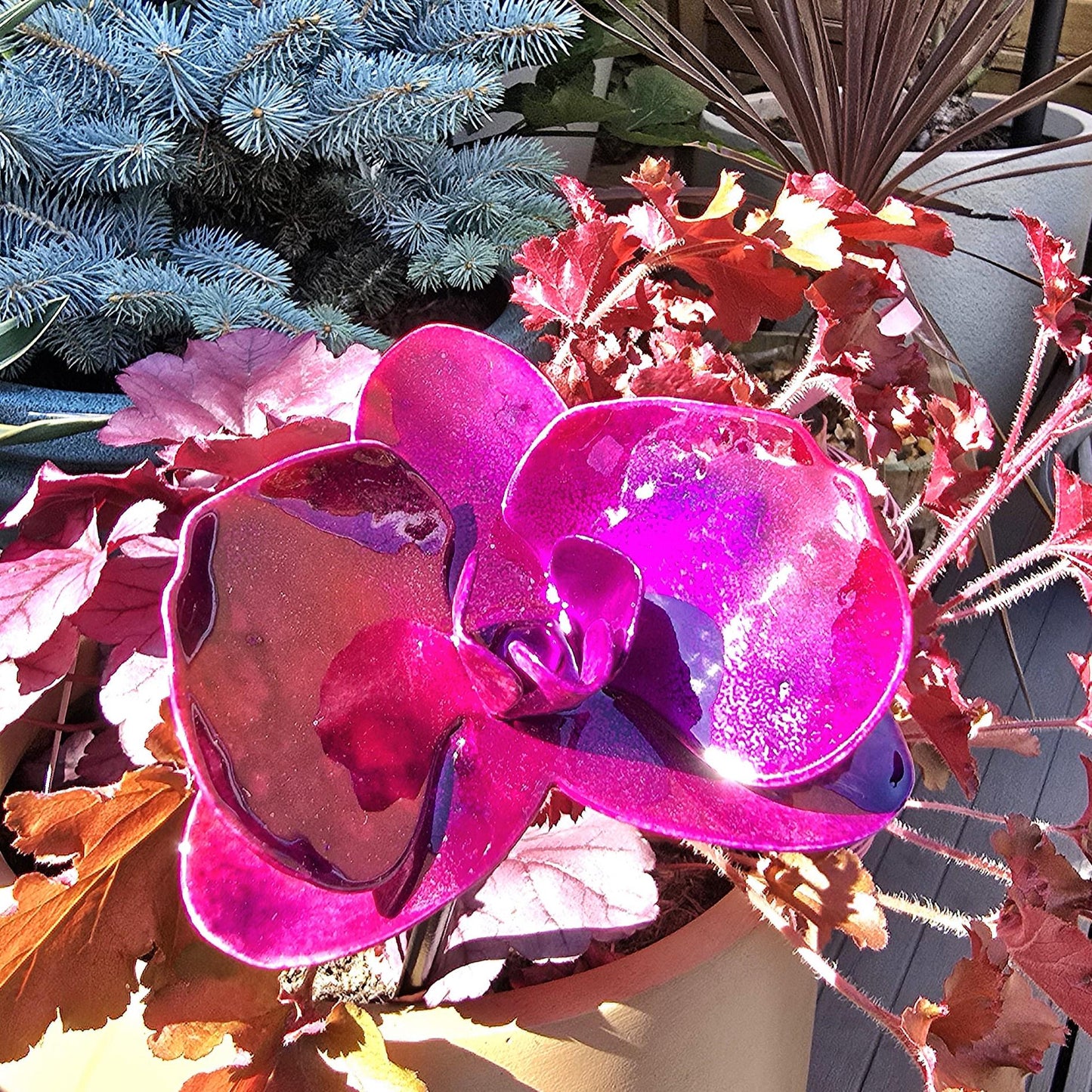 Metal Steel Orchid Flower: Handcrafted Garden Remembrance - Plum Fusion