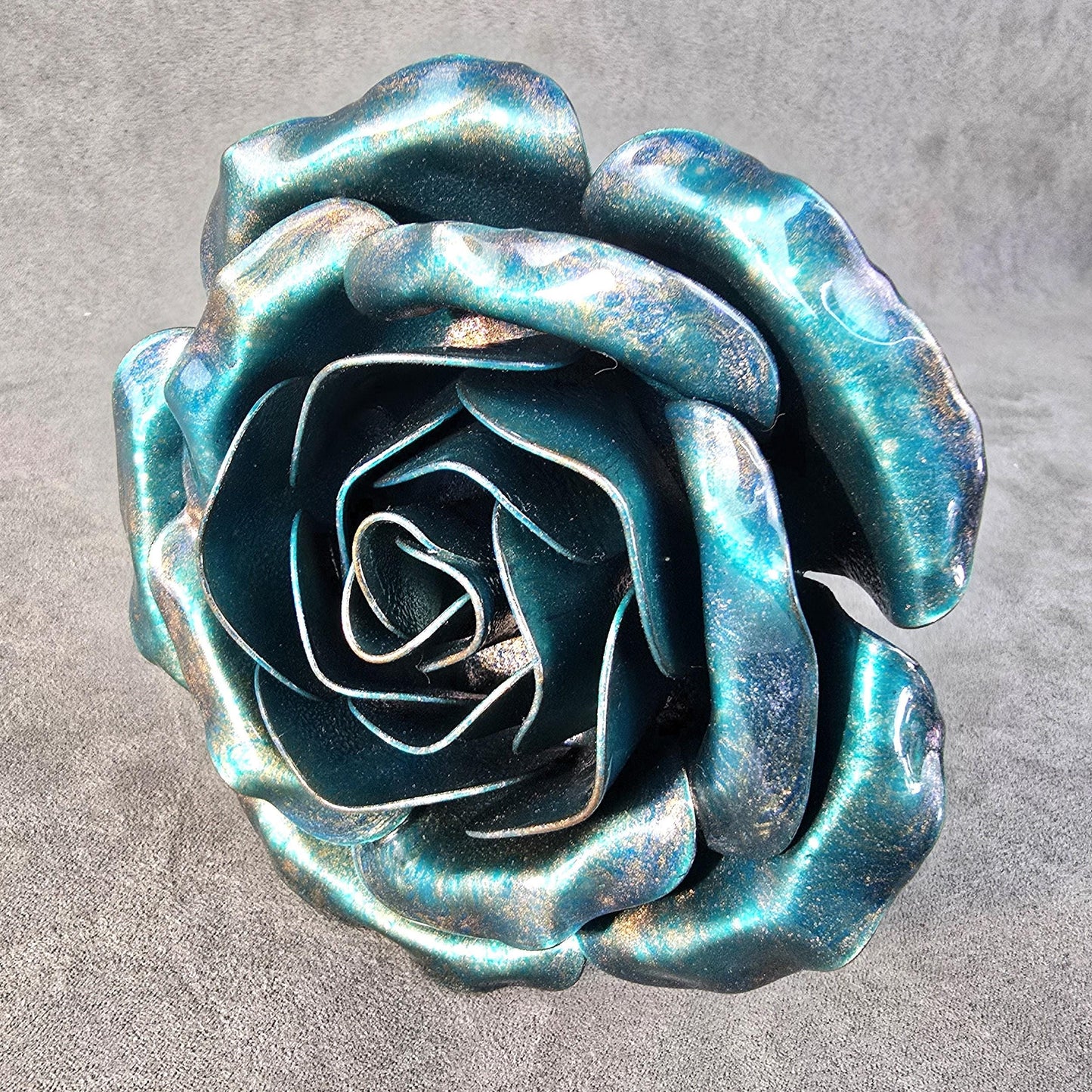 Iridescent Teal Metal Rose: Handcrafted Steel Flower, Garden Remembrance