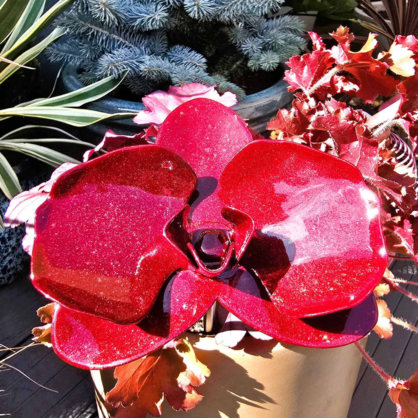 Cranberry Crush Metal Orchid: Handcrafted Steel Garden Flower