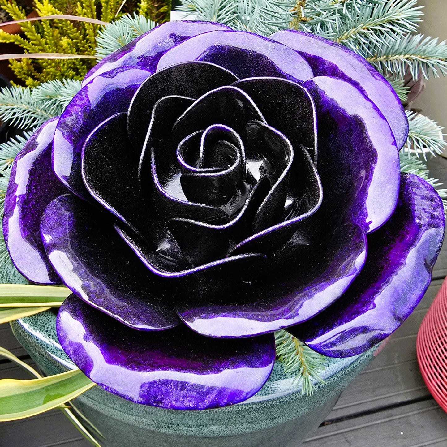 Handcrafted Shadow Purple Steel Rose: Metal Garden Remembrance Flower