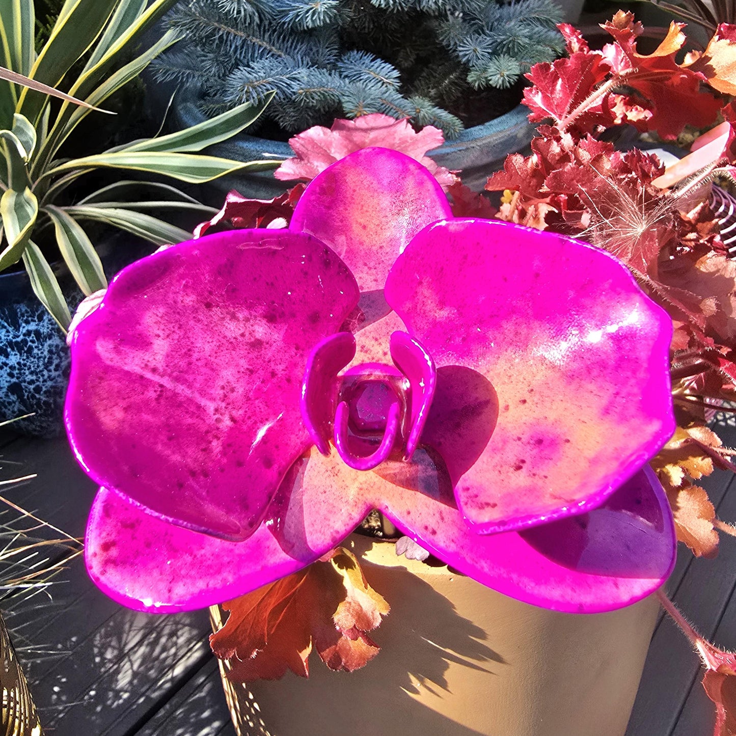 Coral Magenta Metal Orchid: Handcrafted Steel Garden Flower