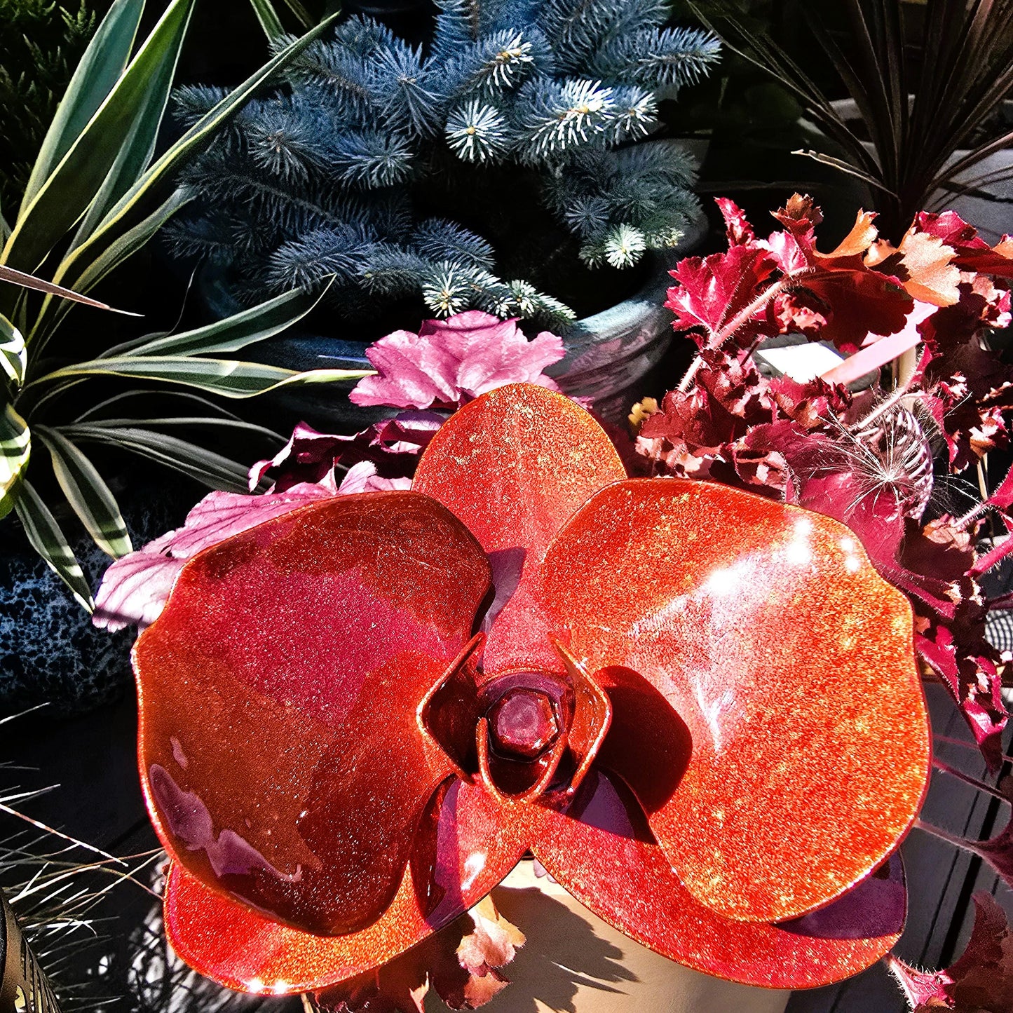 Inferno Orange Metal Orchid: Handcrafted Steel Garden Flower