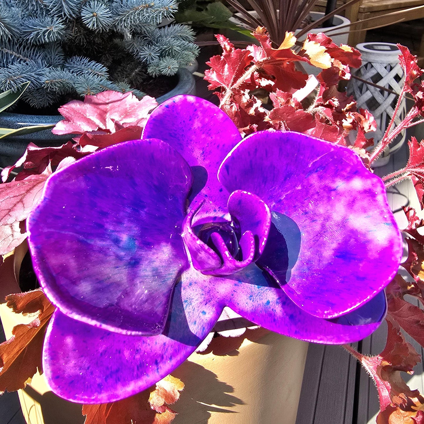 Intense Indigo Metal Orchid: Handcrafted Steel Flower, Garden Remembrance