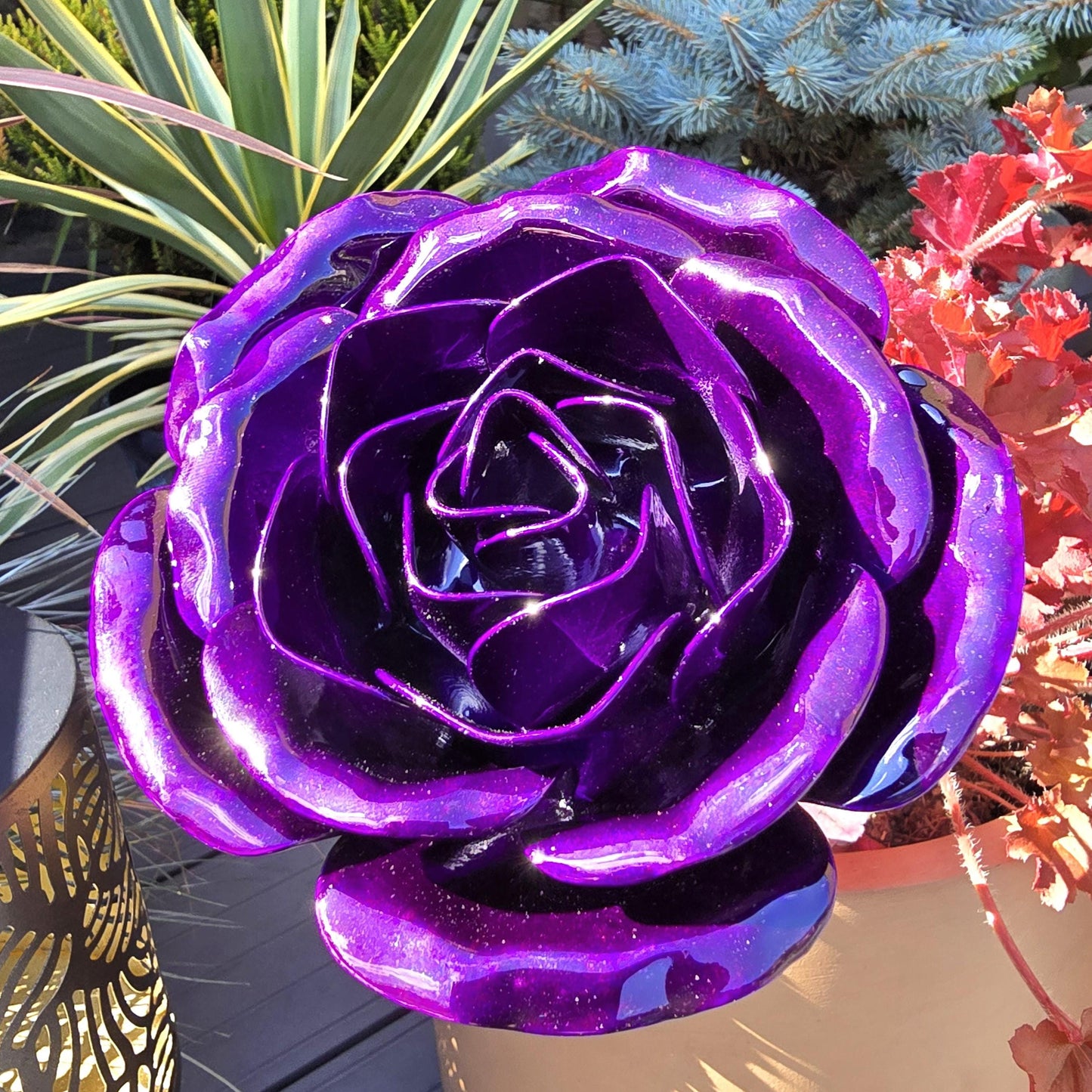 Deep Purple Metal Rose: Handcrafted Steel Flower, Garden Remembrance