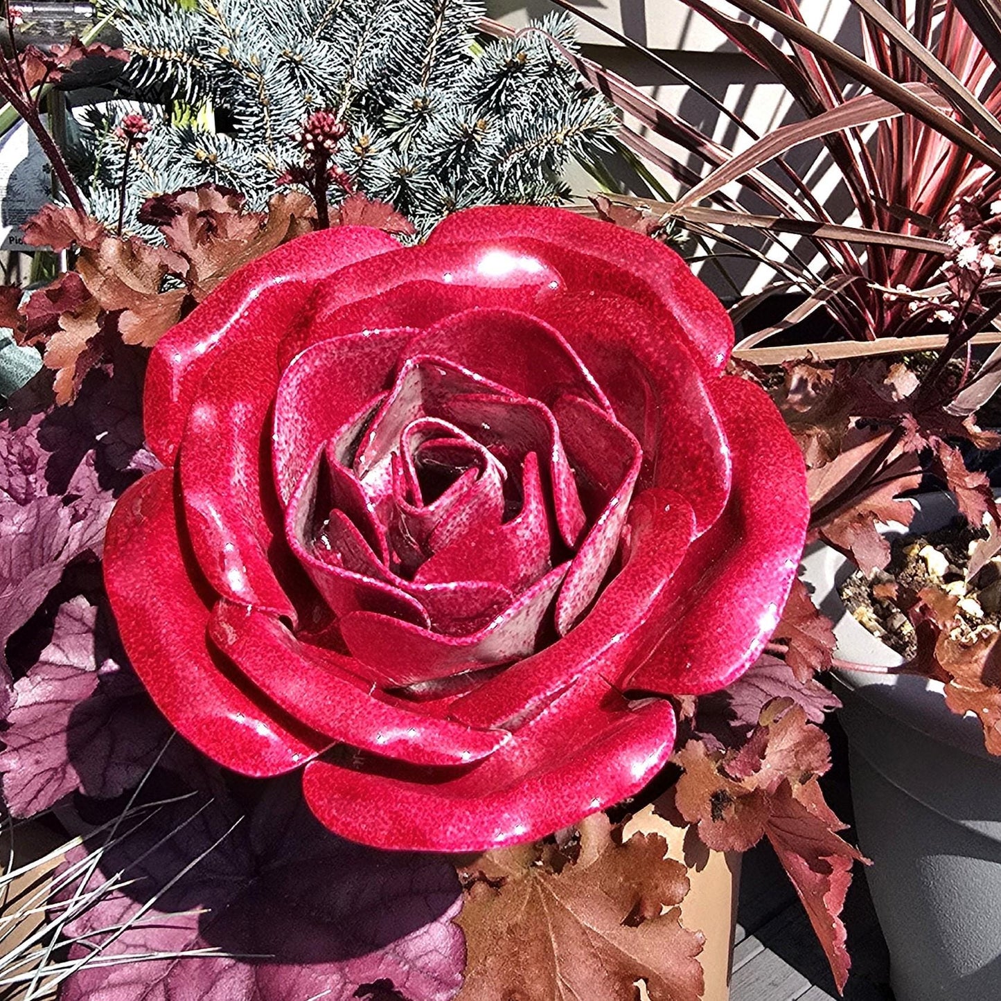 Spectral Ruby Metal Rose: Handcrafted Steel Garden Flower Remembrance