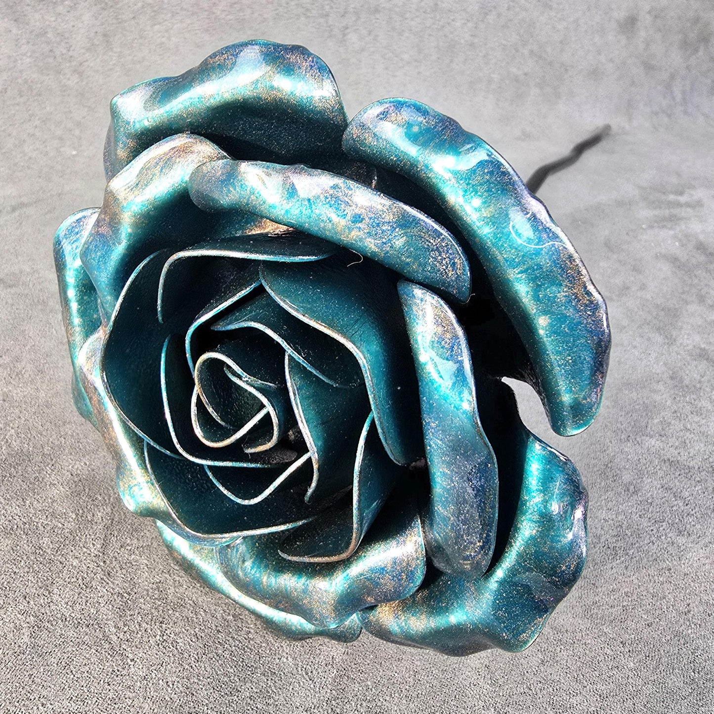 Iridescent Teal Metal Rose: Handcrafted Steel Flower, Garden Remembrance