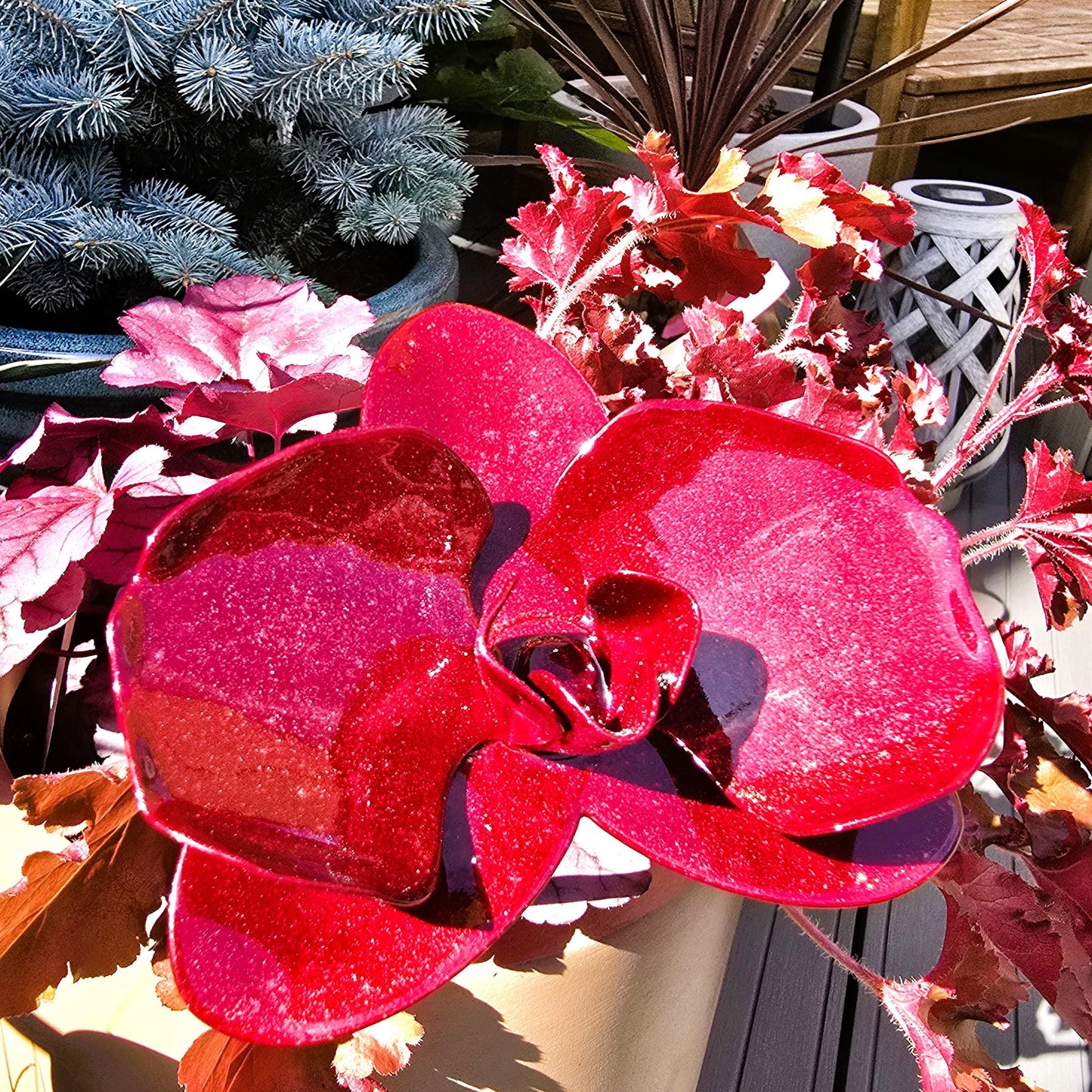 Cranberry Crush Metal Orchid: Handcrafted Steel Garden Flower