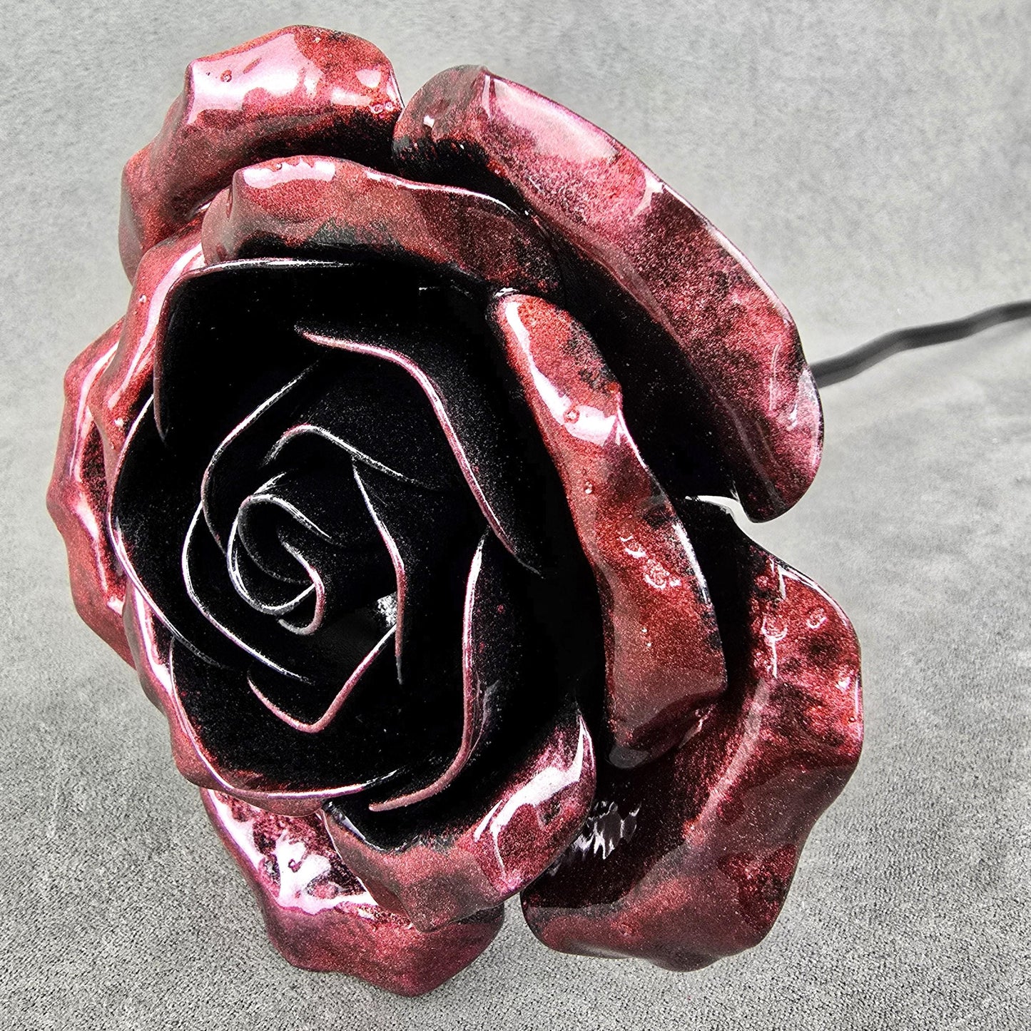 Handcrafted Shadow Merlow Steel Rose: Metal Garden Remembrance Flower
