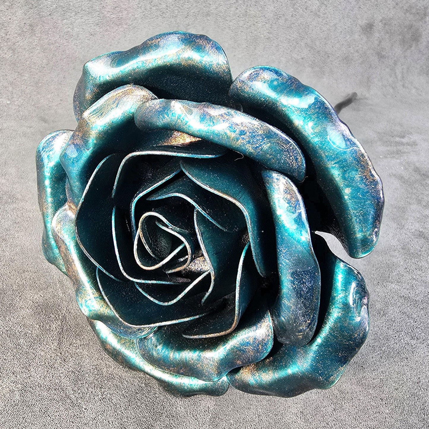Iridescent Teal Metal Rose: Handcrafted Steel Flower, Garden Remembrance