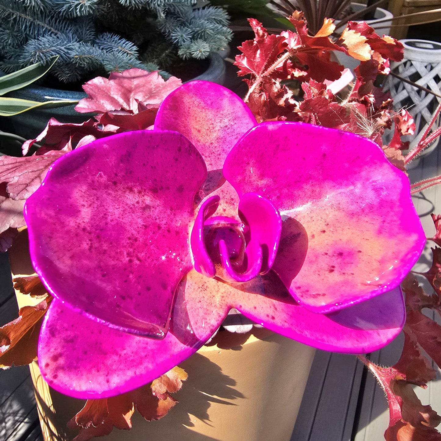 Coral Magenta Metal Orchid: Handcrafted Steel Garden Flower