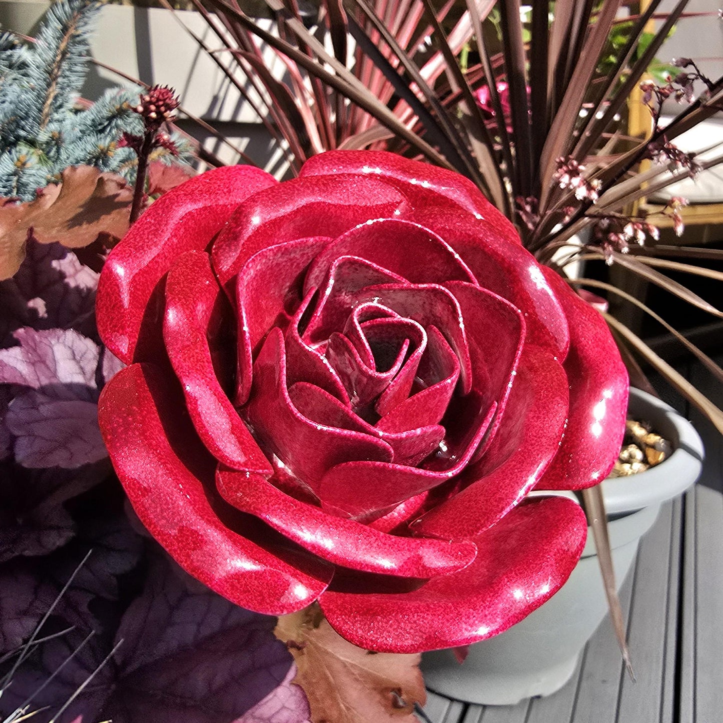 Spectral Ruby Metal Rose: Handcrafted Steel Garden Flower Remembrance