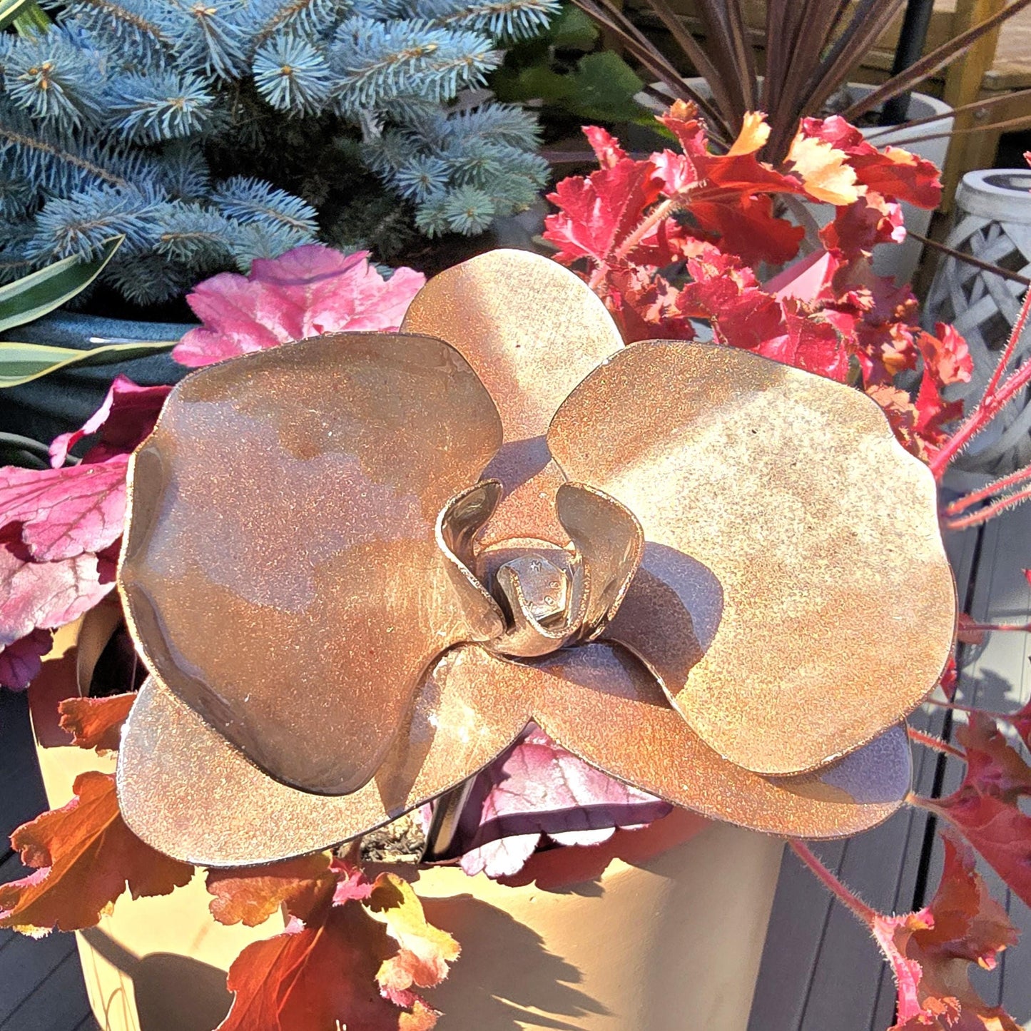 Handcrafted Copper Metal Orchid: Indoor Outdoor Garden Remembrance Flower