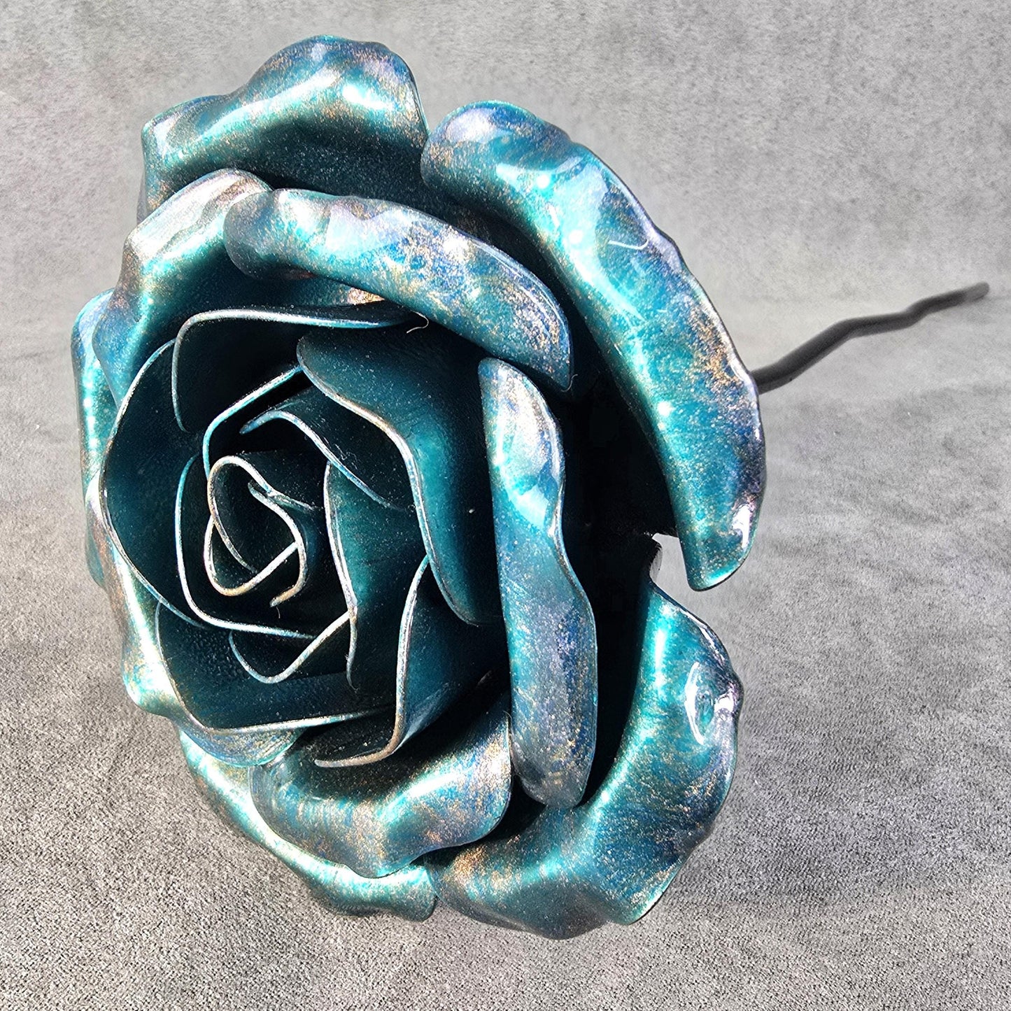 Iridescent Teal Metal Rose: Handcrafted Steel Flower, Garden Remembrance