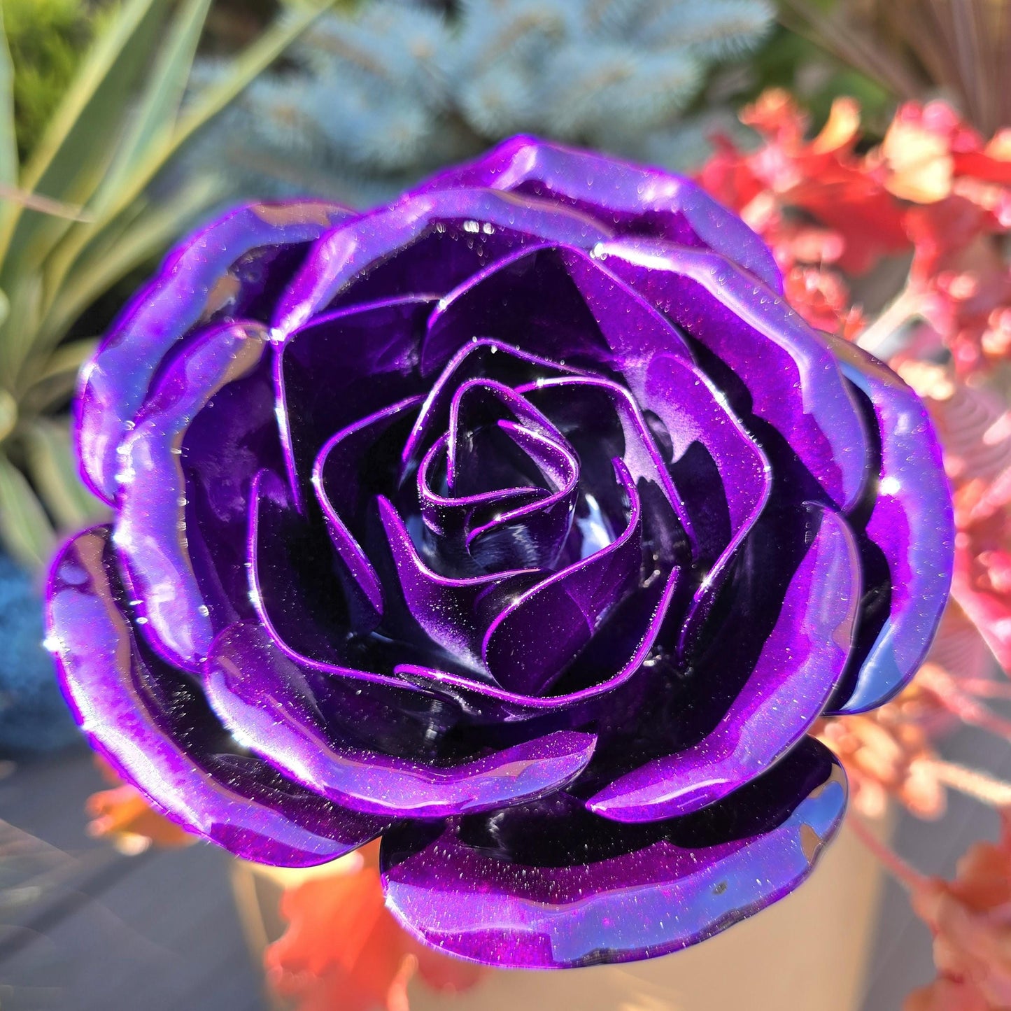 Deep Purple Metal Rose: Handcrafted Steel Flower, Garden Remembrance