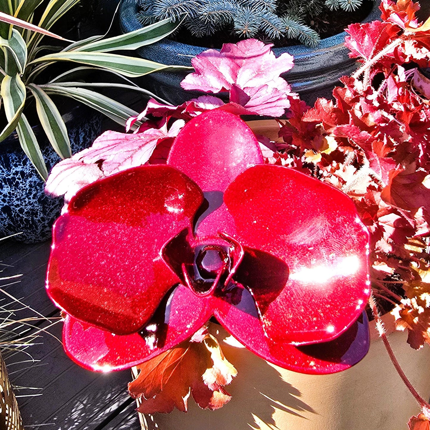 Cranberry Crush Metal Orchid: Handcrafted Steel Garden Flower