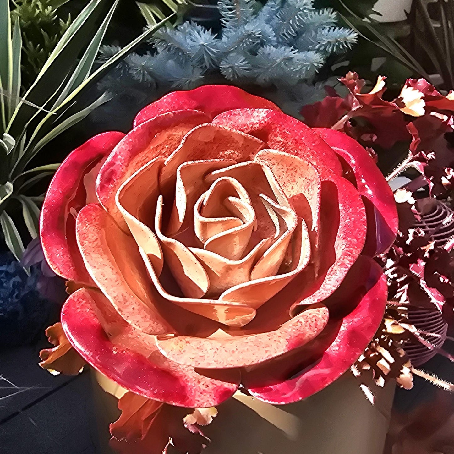 Handcrafted Metal Steel Rose: Strawberries & Cream Garden Decor