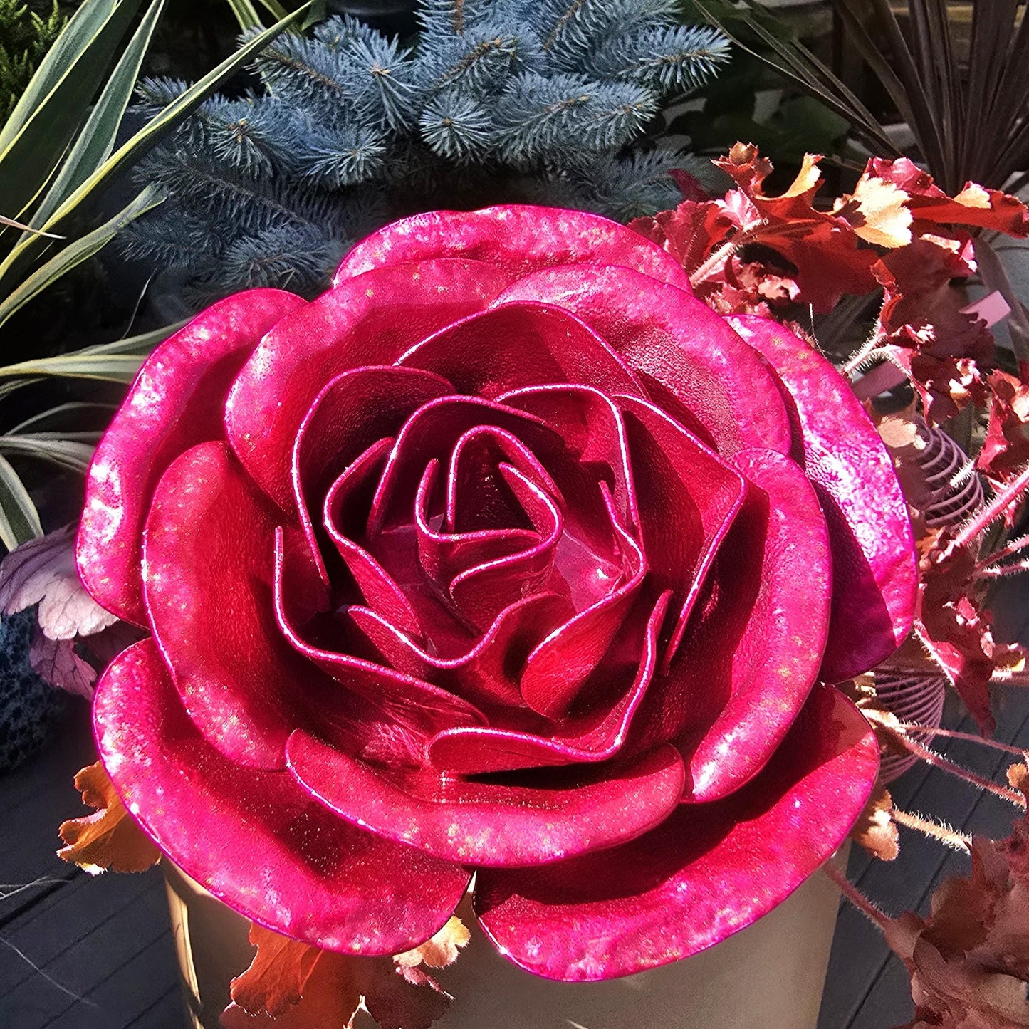 Handcrafted Hot Pink Steel Rose: Indoor Outdoor Garden Decor