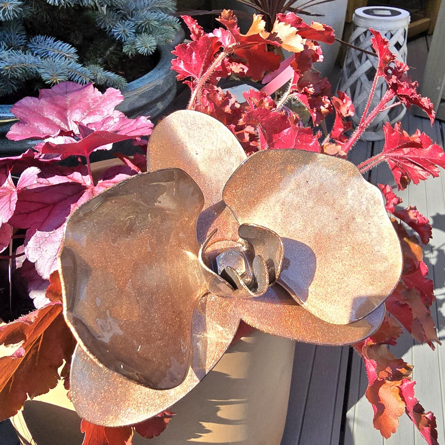 Handcrafted Copper Metal Orchid: Indoor Outdoor Garden Remembrance Flower