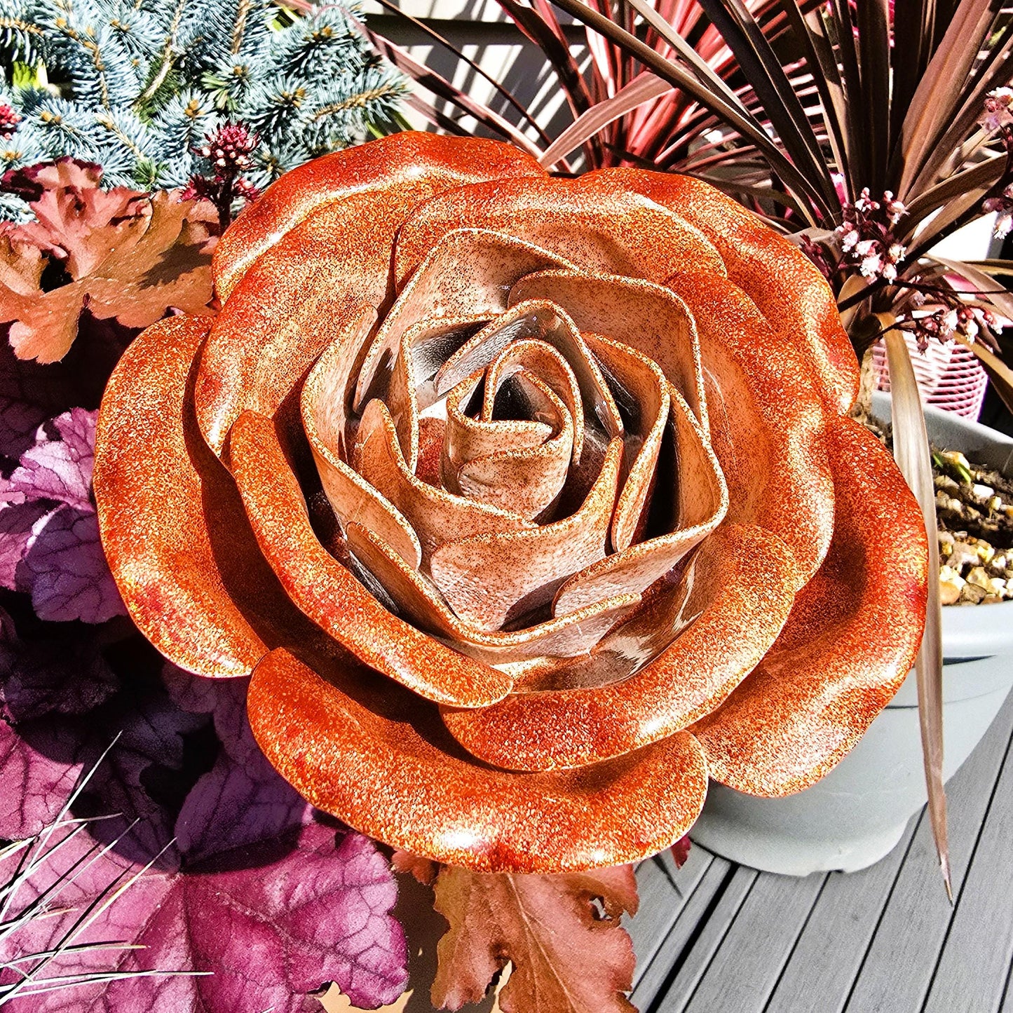 Handcrafted Metal Steel Rose: Spectral Orange Garden Remembrance