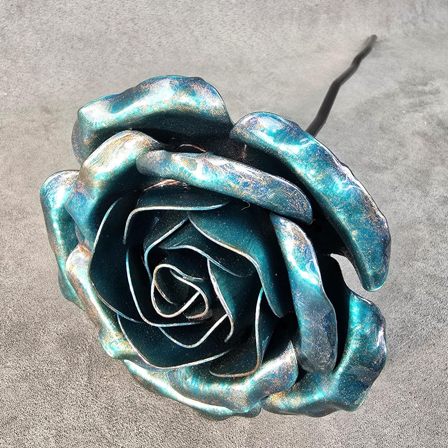 Iridescent Teal Metal Rose: Handcrafted Steel Flower, Garden Remembrance