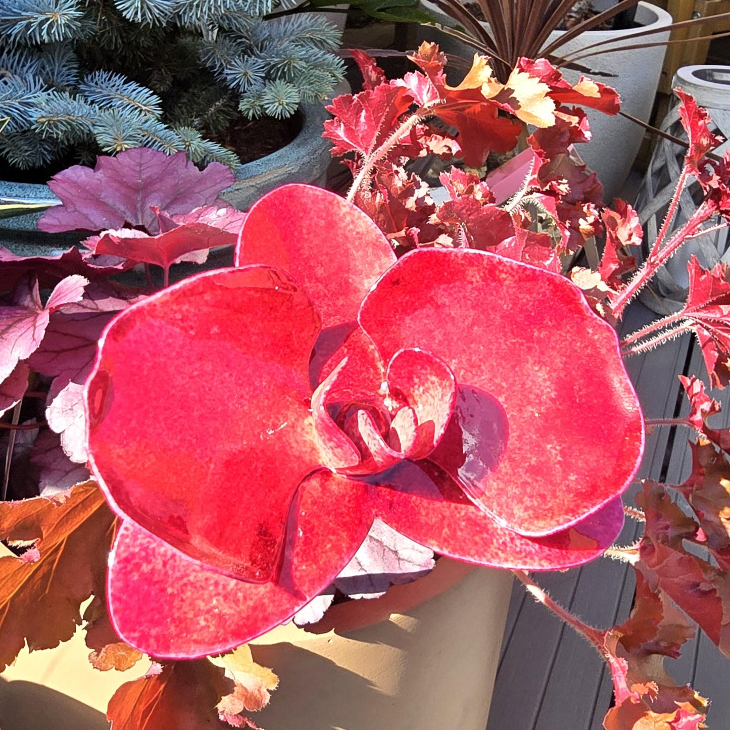 Handcrafted Metal Steel Orchid: Dappled Scarlet Garden Remembrance Flower