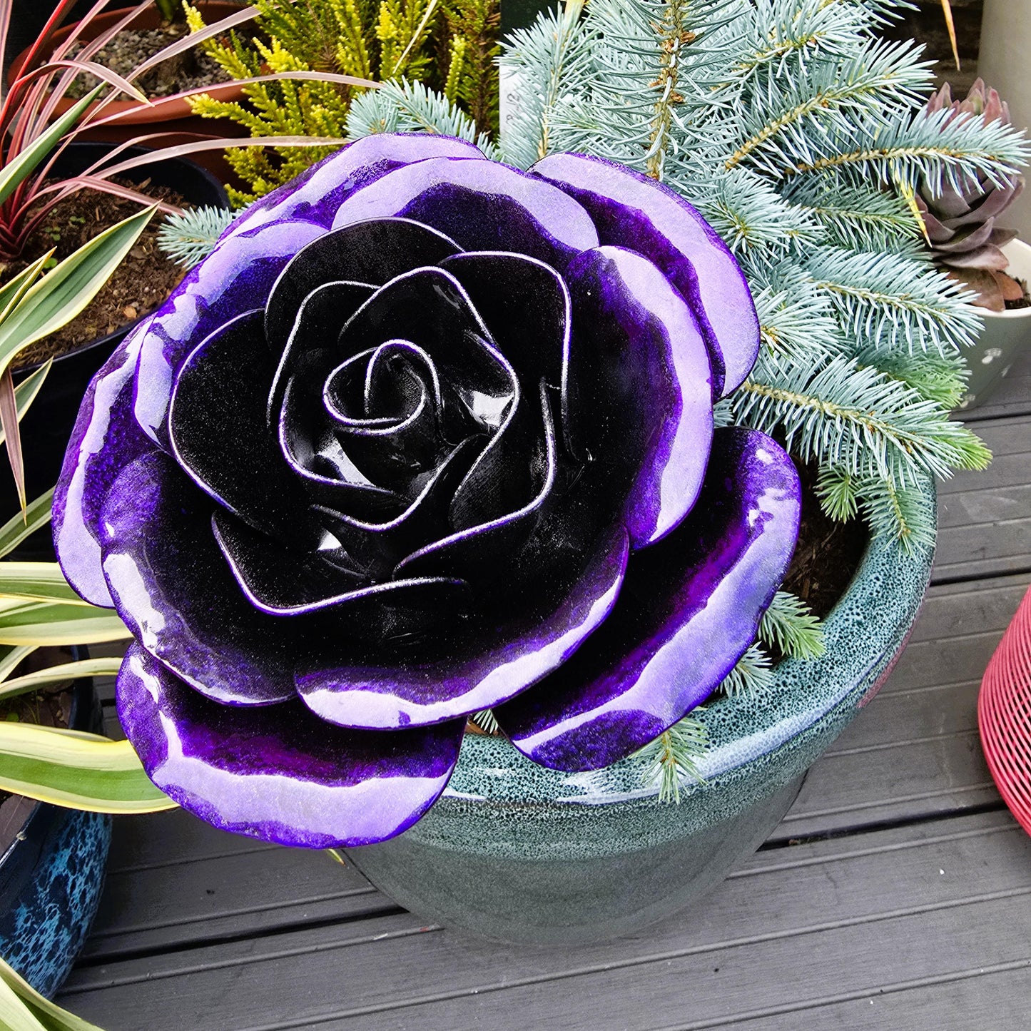 Handcrafted Shadow Purple Steel Rose: Metal Garden Remembrance Flower