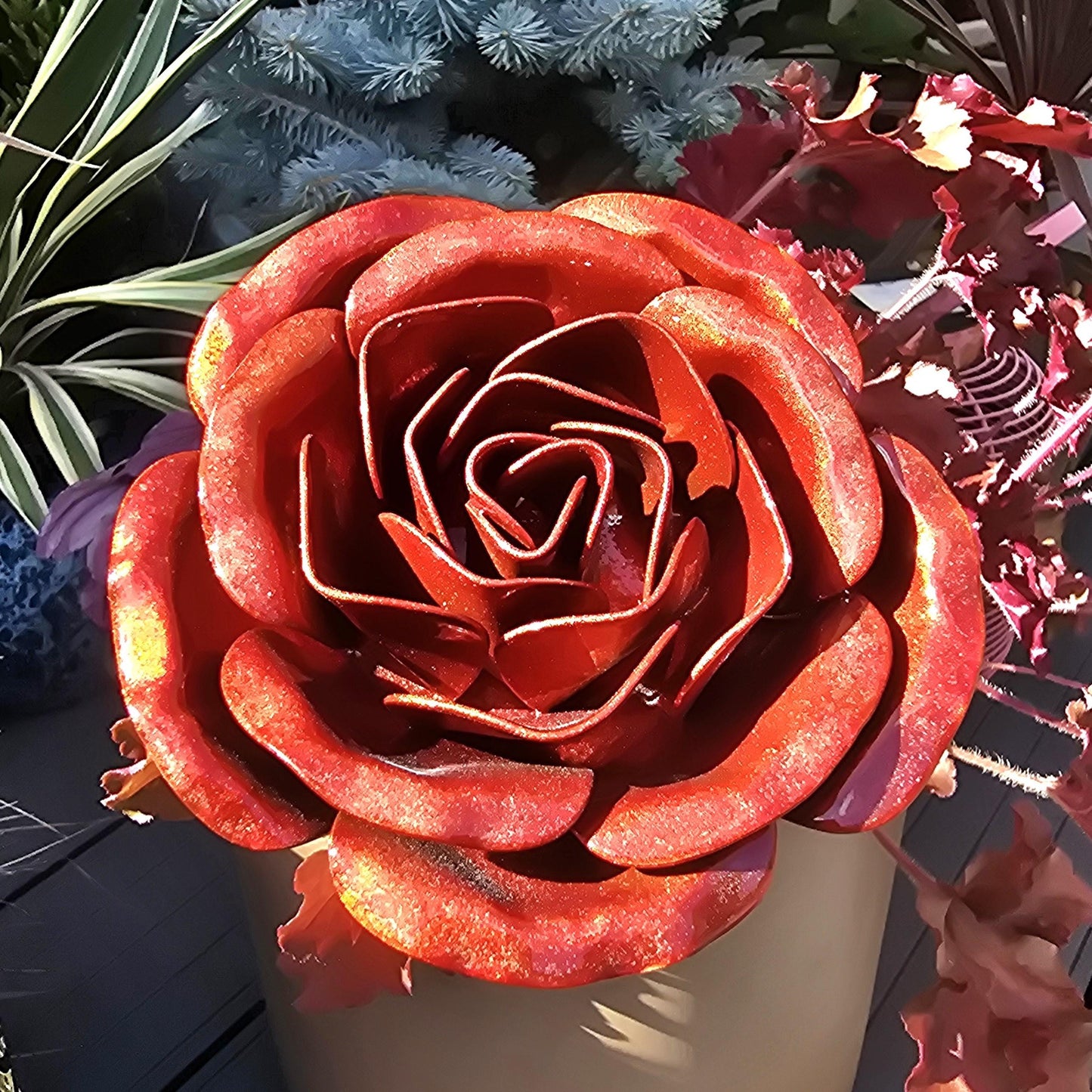 Inferno Orange Metal Rose: Handcrafted Steel Flower, Garden Remembrance