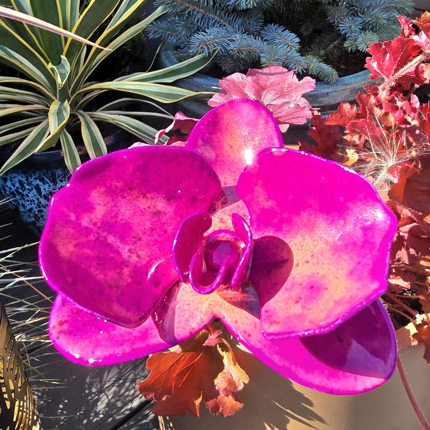 Coral Magenta Metal Orchid: Handcrafted Steel Garden Flower