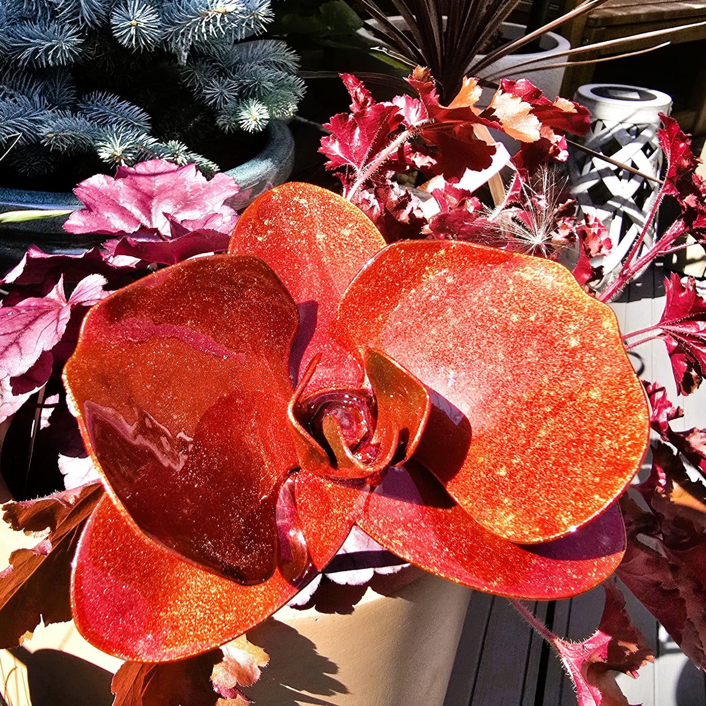 Inferno Orange Metal Orchid: Handcrafted Steel Garden Flower