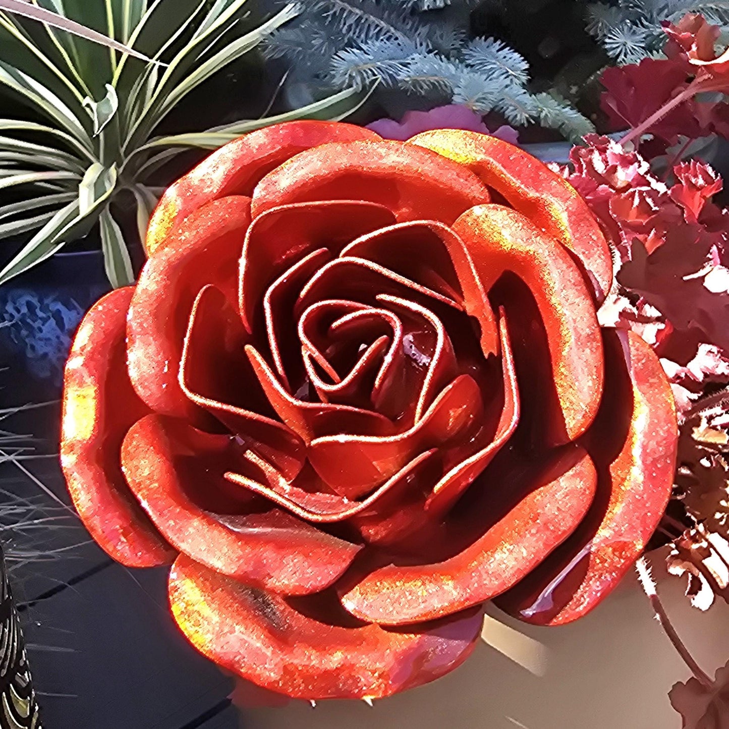 Inferno Orange Metal Rose: Handcrafted Steel Flower, Garden Remembrance