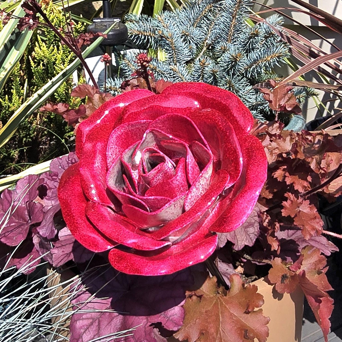 Spectral Ruby Metal Rose: Handcrafted Steel Garden Flower Remembrance