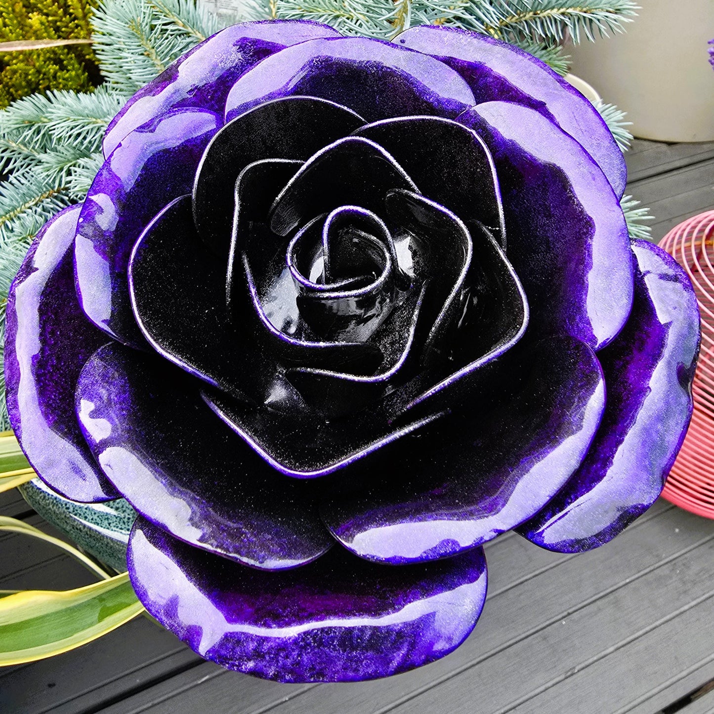 Handcrafted Shadow Purple Steel Rose: Metal Garden Remembrance Flower