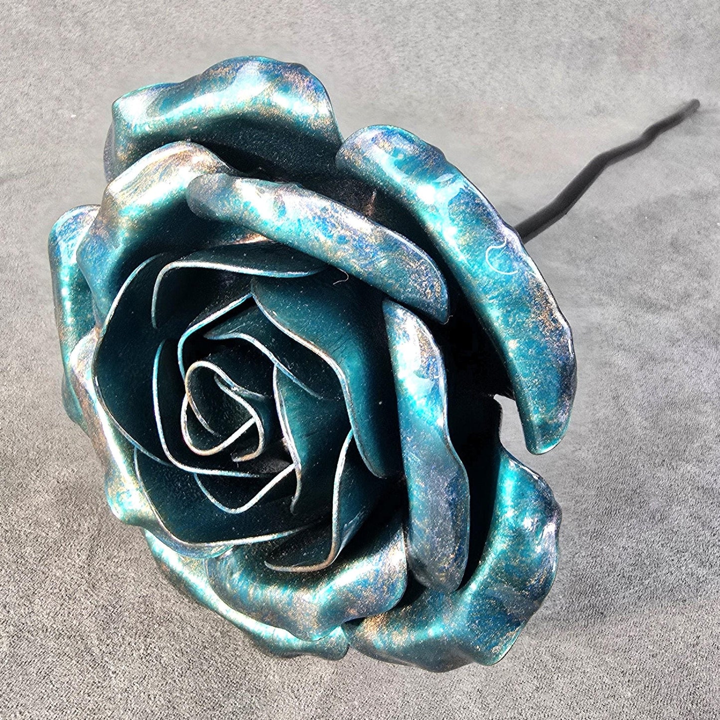 Iridescent Teal Metal Rose: Handcrafted Steel Flower, Garden Remembrance