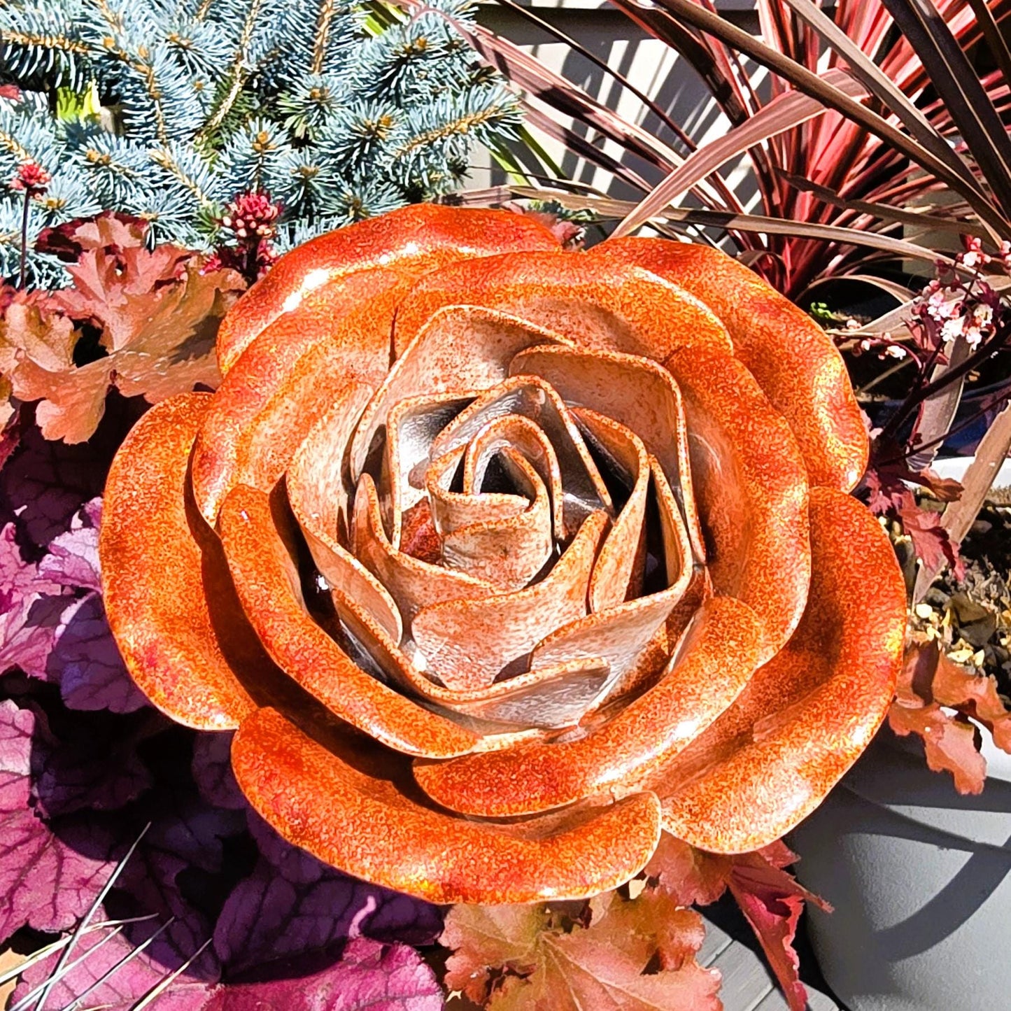Handcrafted Metal Steel Rose: Spectral Orange Garden Remembrance