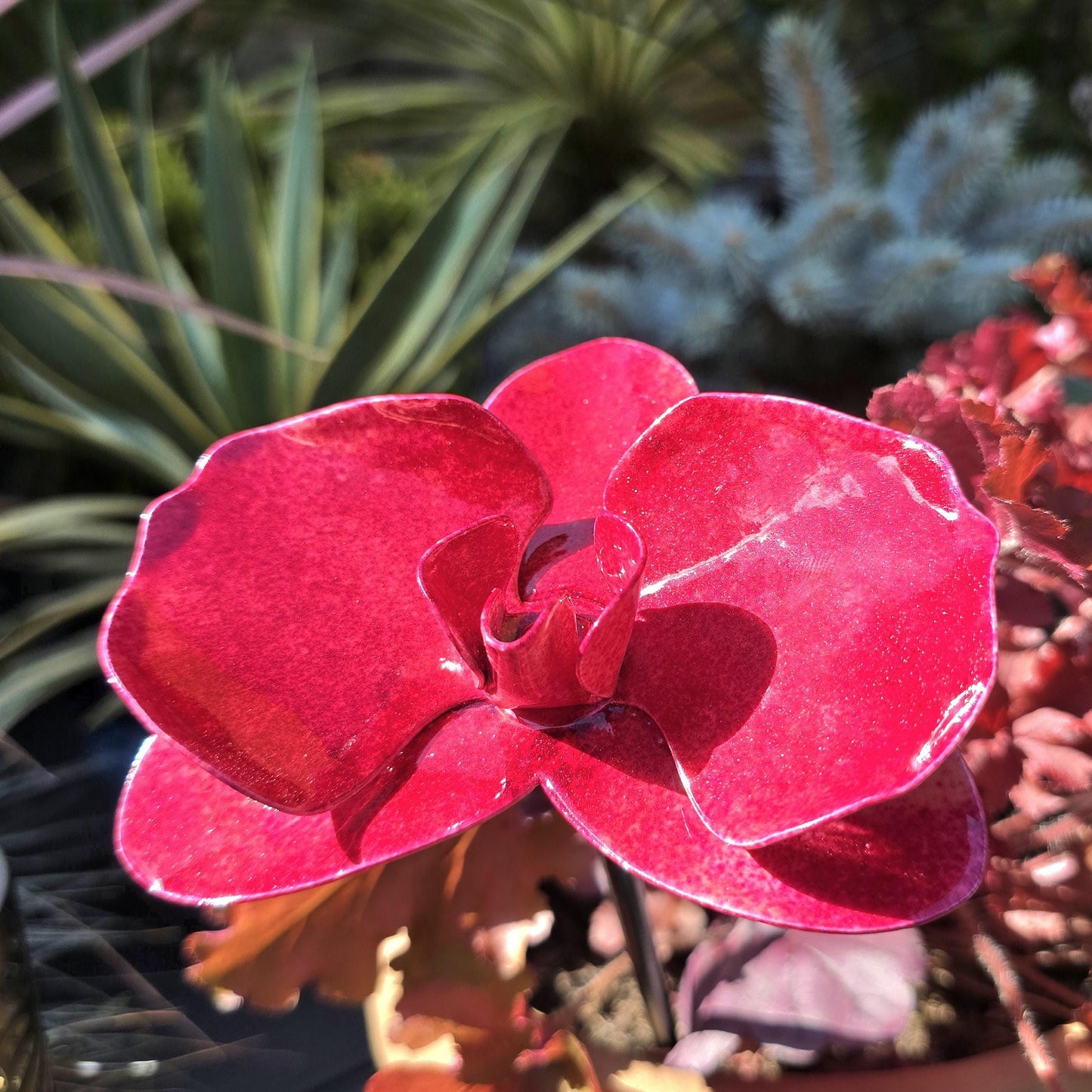 Handcrafted Metal Steel Orchid: Dappled Scarlet Garden Remembrance Flower