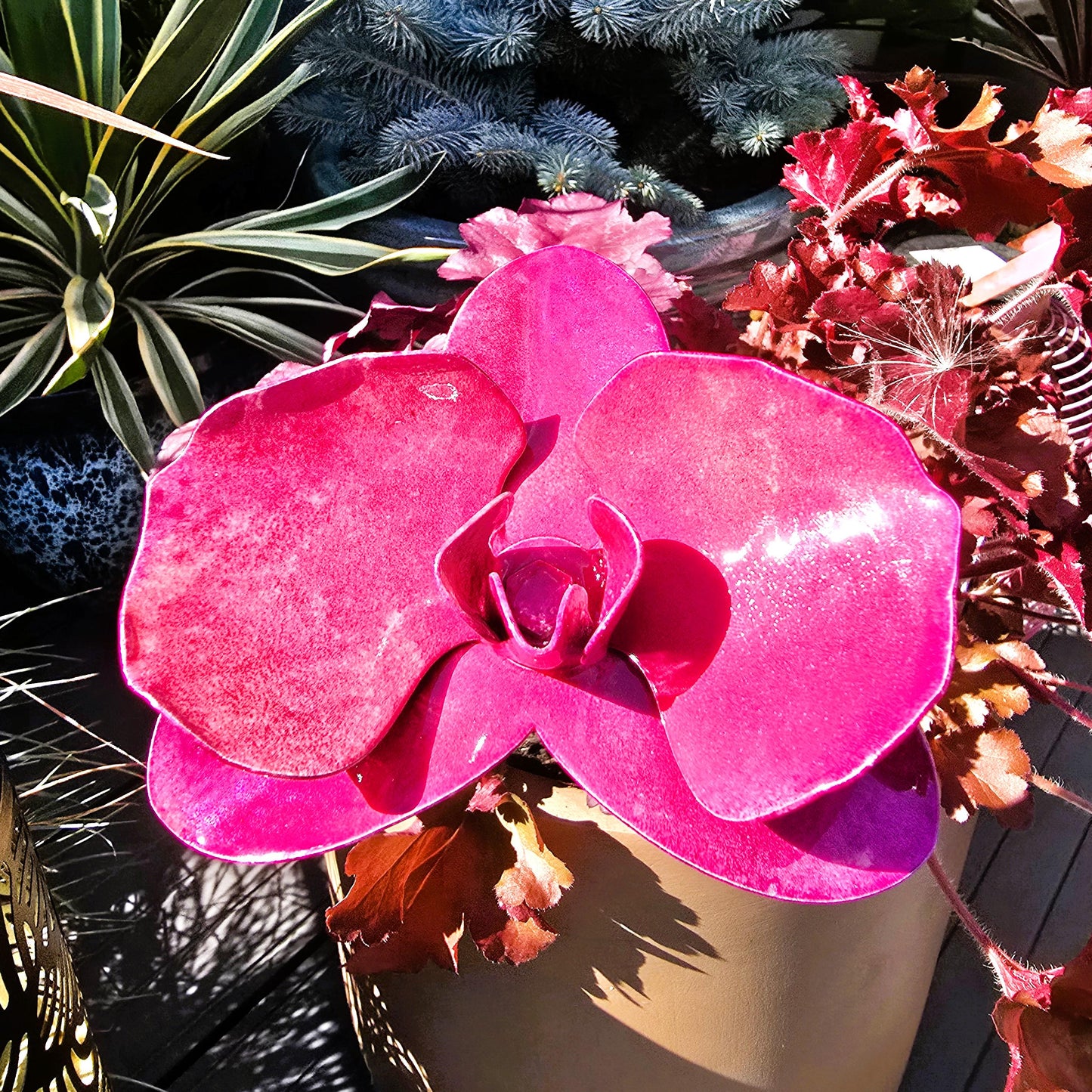 Vibrant Fuchsia Metal Orchid: Handcrafted Steel Flower, Garden Remembrance