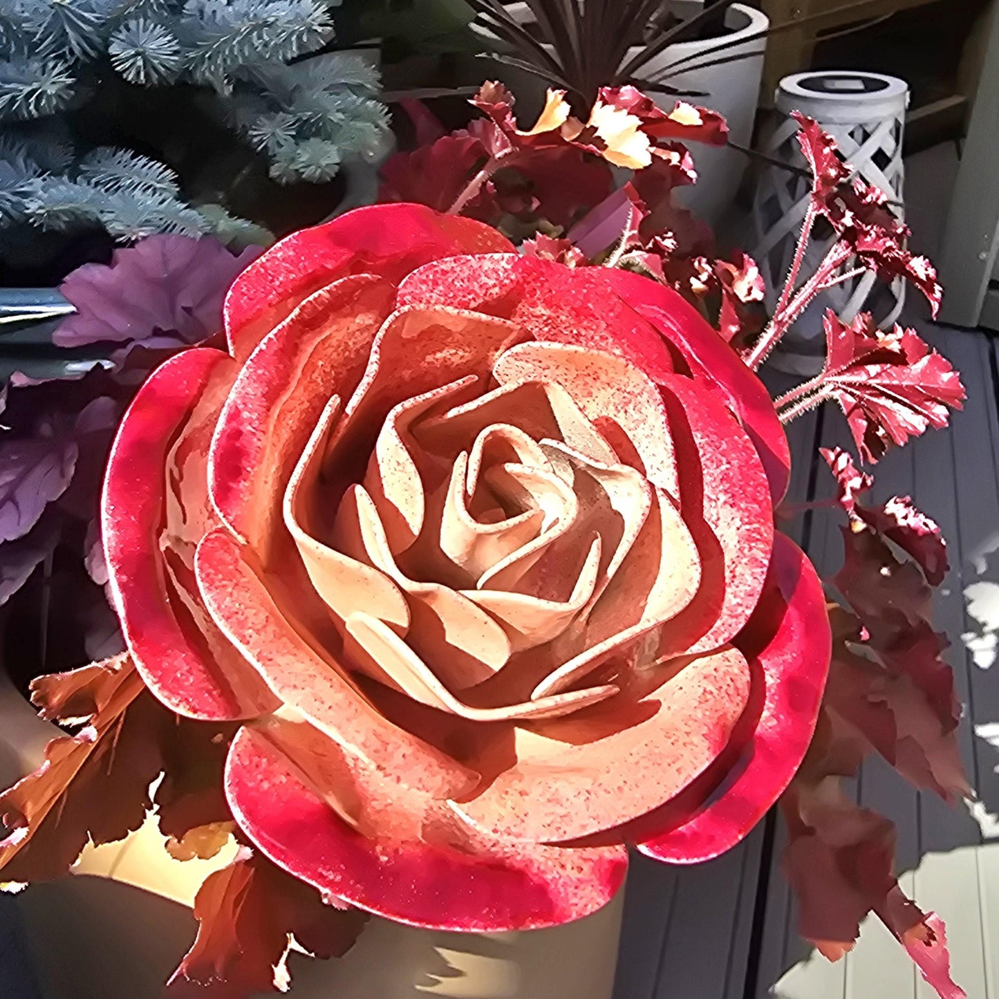 Handcrafted Metal Steel Rose: Strawberries & Cream Garden Decor