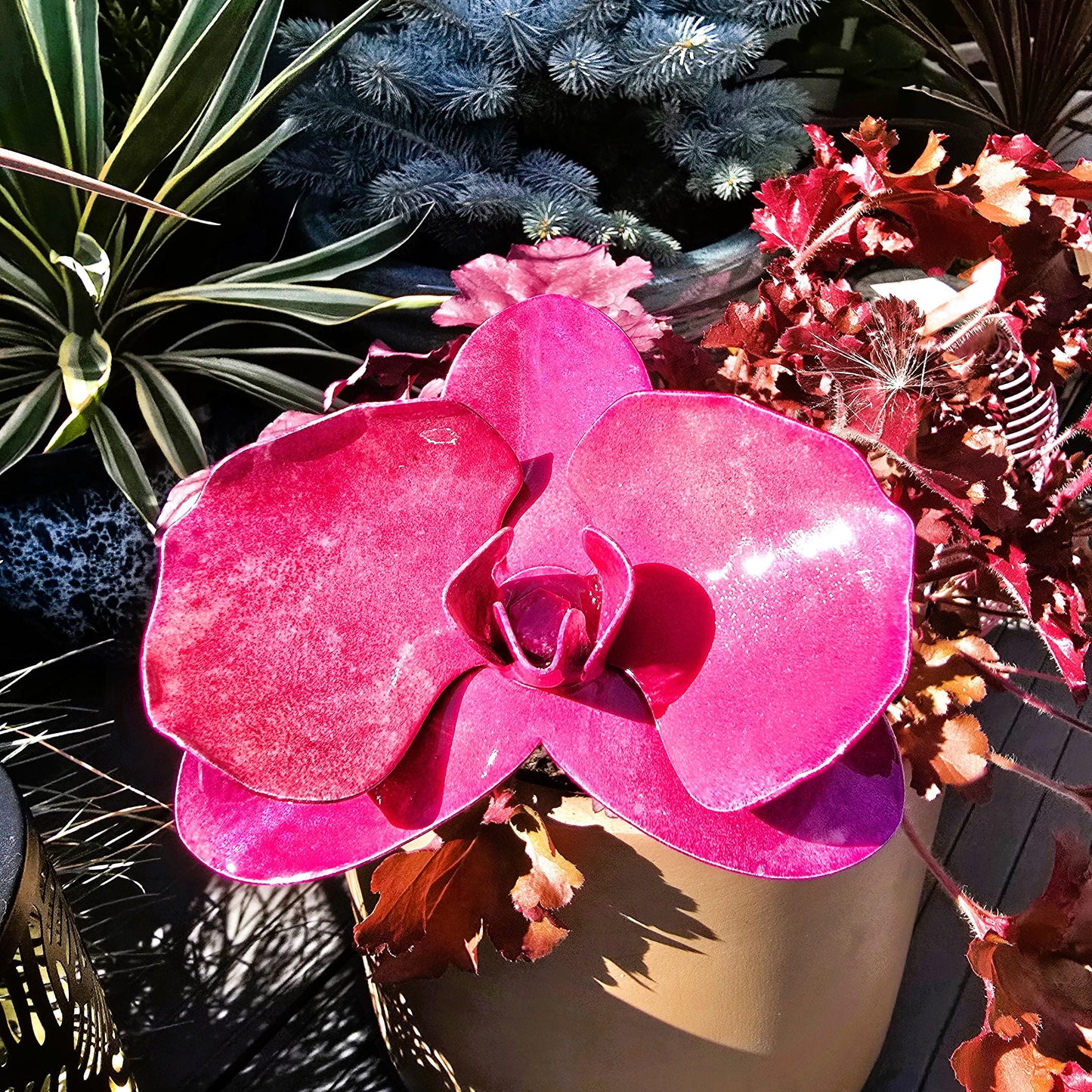 Vibrant Fuchsia Metal Orchid: Handcrafted Steel Flower, Garden Remembrance
