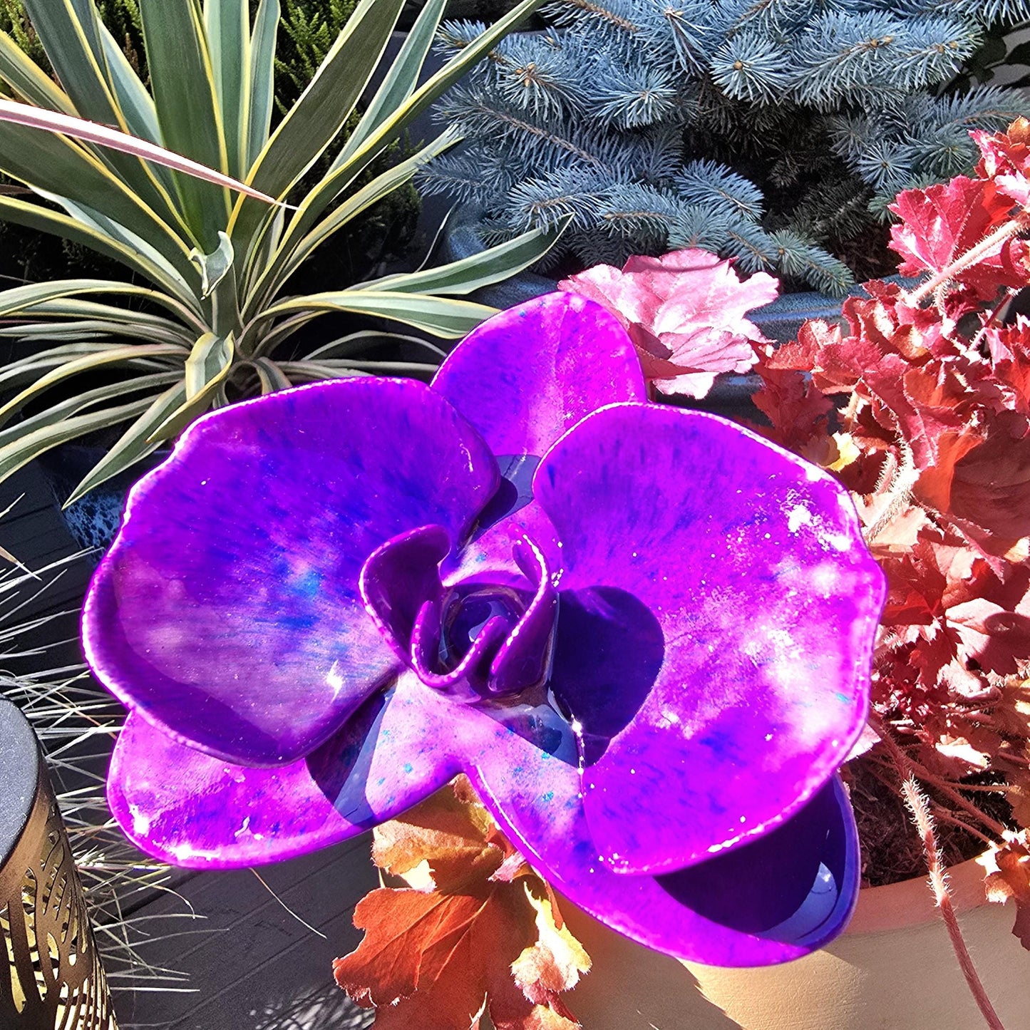 Intense Indigo Metal Orchid: Handcrafted Steel Flower, Garden Remembrance